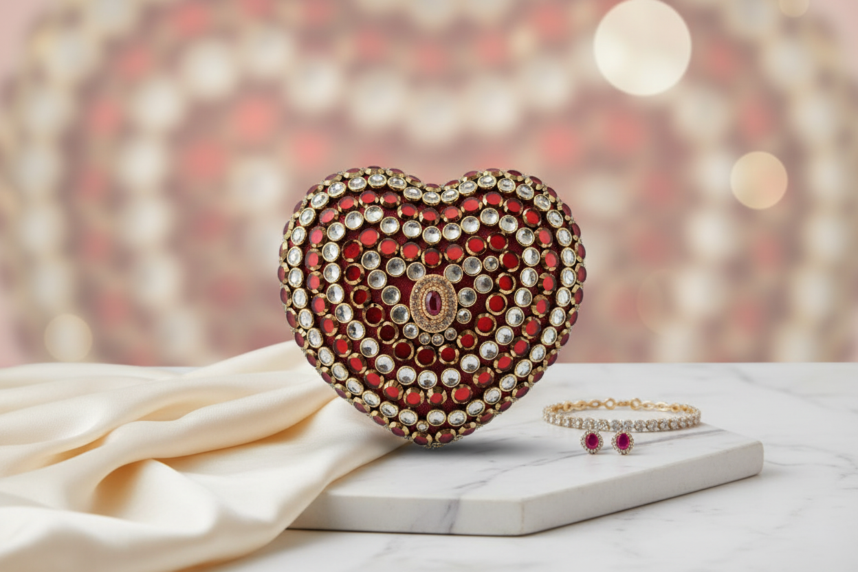 Crystal Heart Clutch (Maroon) – Khussa Corner