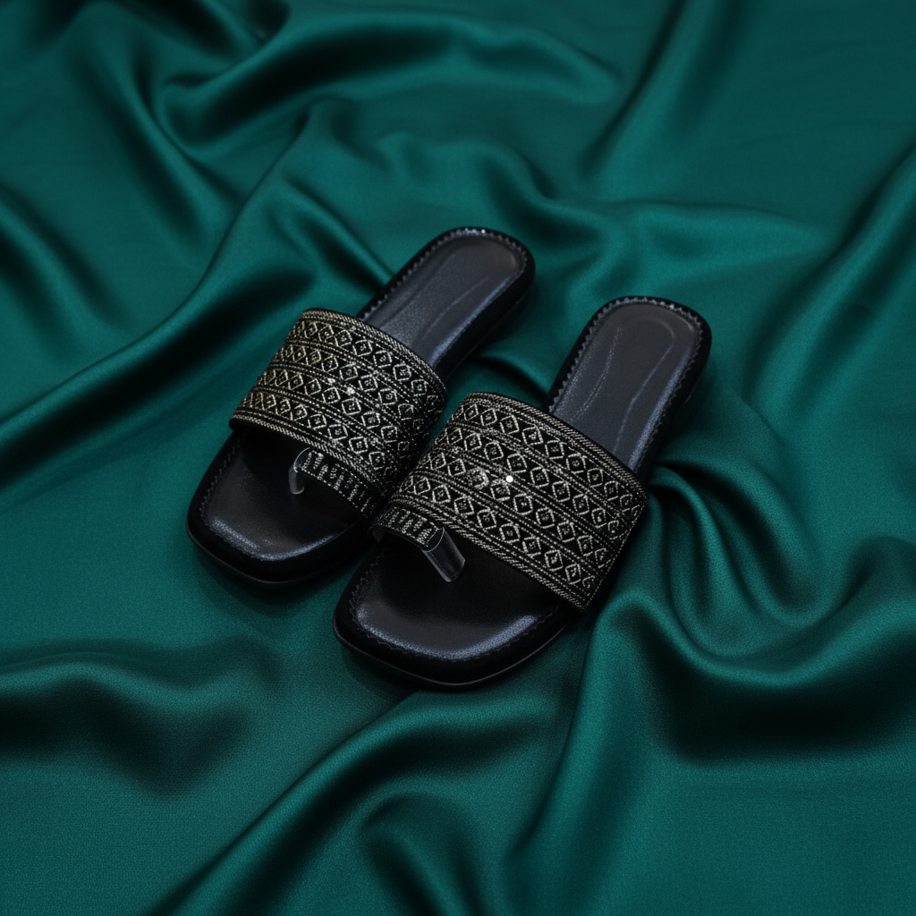 Black Embroidered Slider(Black)