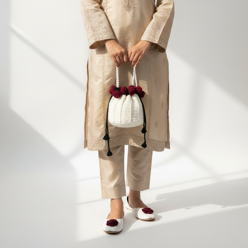 Red Roses Crochet Khussa & Potli Combo