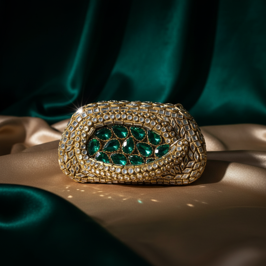 Kundan Capsule MiniClutch (Emerald Green)