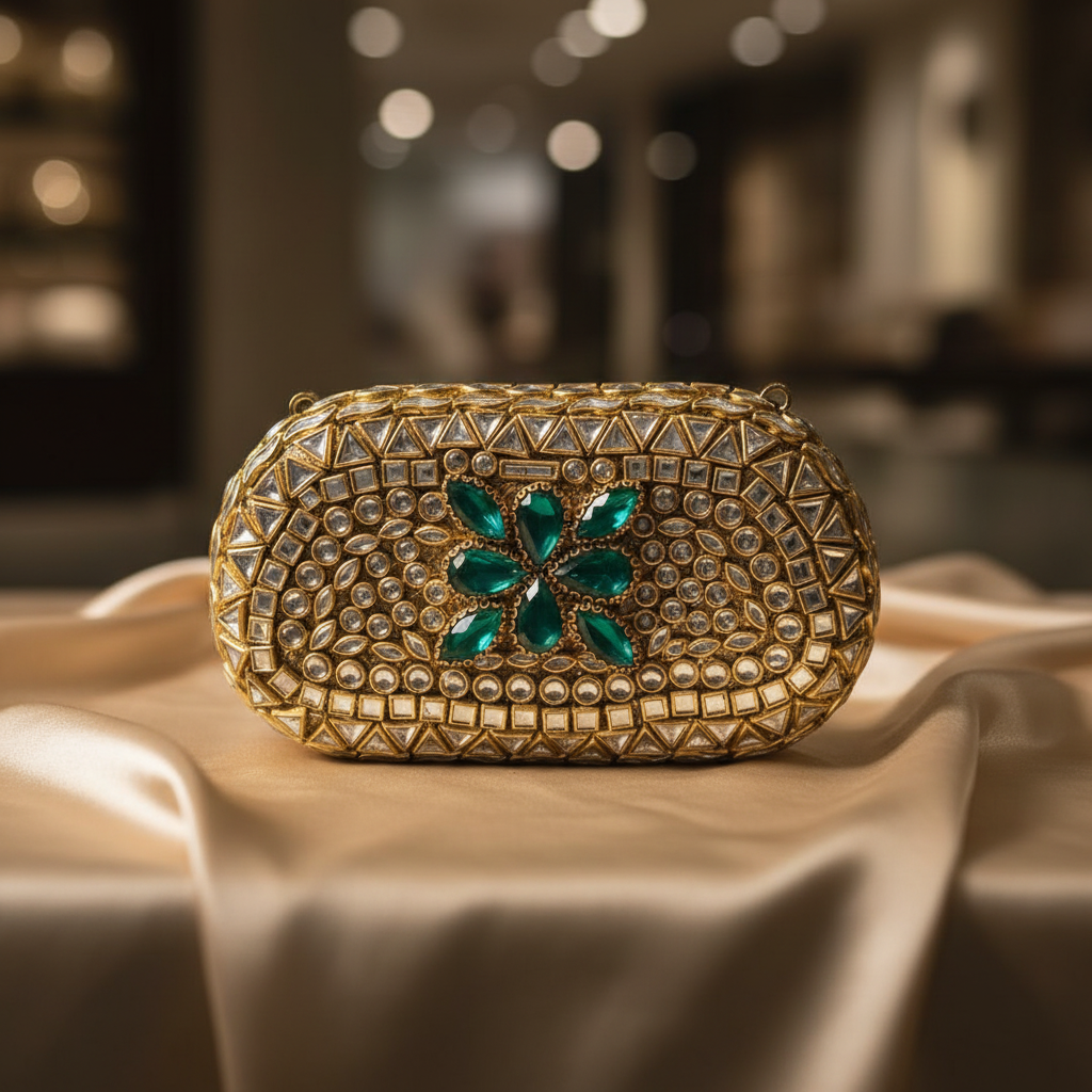Kundan Capsule MiniClutch (Emerald Green)