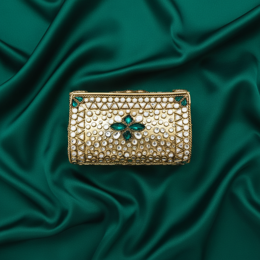 Kundan Turkish Clutch - Emerald Green