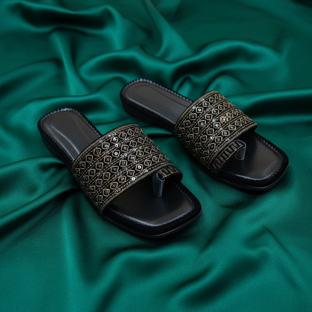 Black Embroidered Slider(Black)