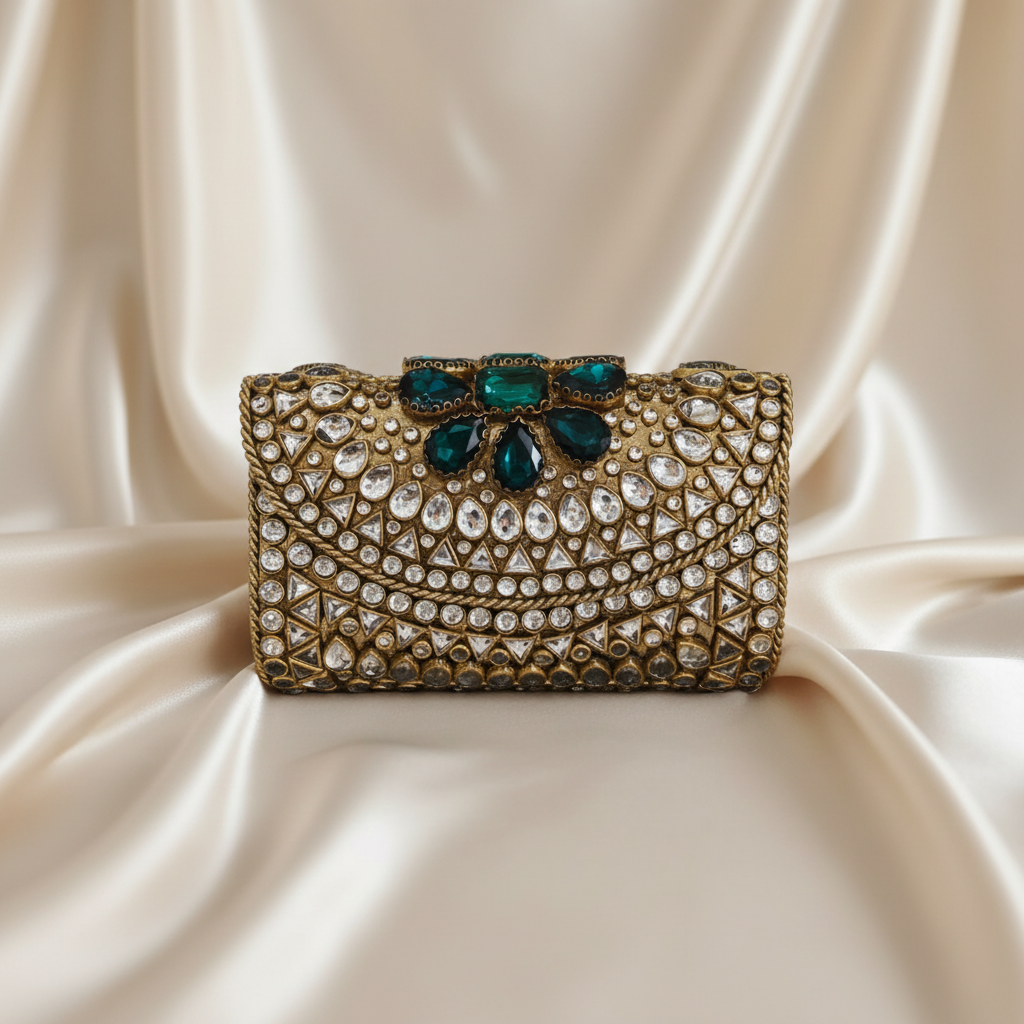 Kundan Turkish Clutch - Emerald Green