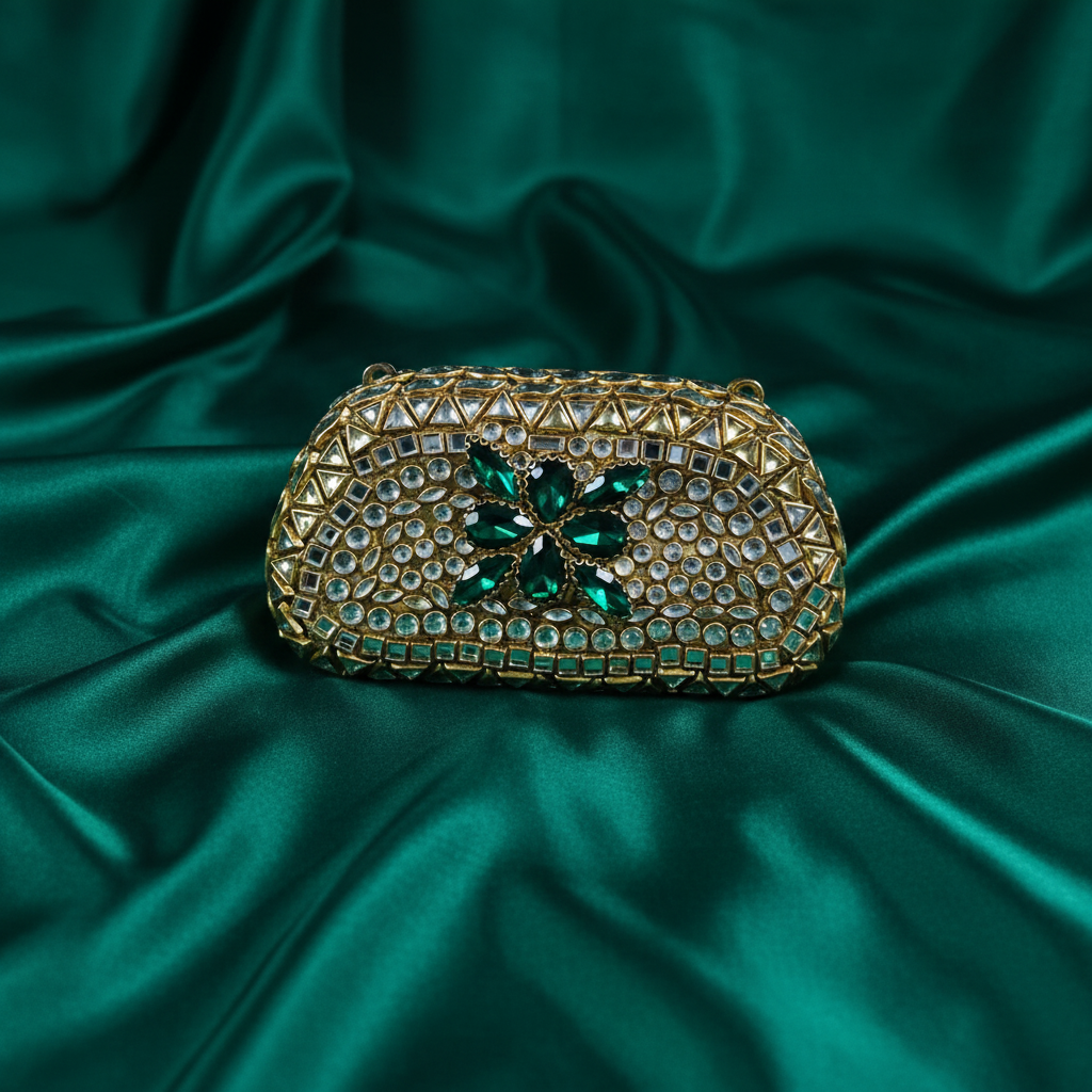 Kundan Capsule MiniClutch (Emerald Green)
