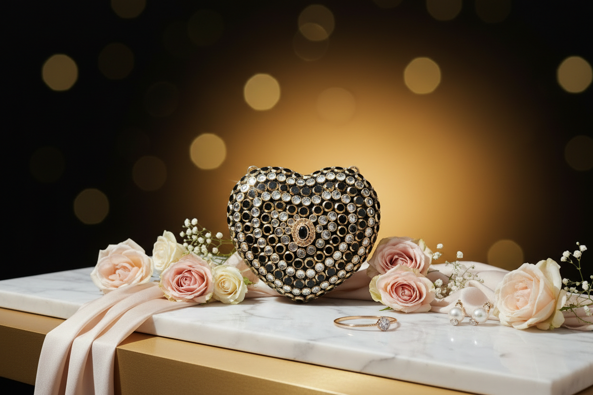 Crystal Heart Clutch (Black) – Khussa Corner