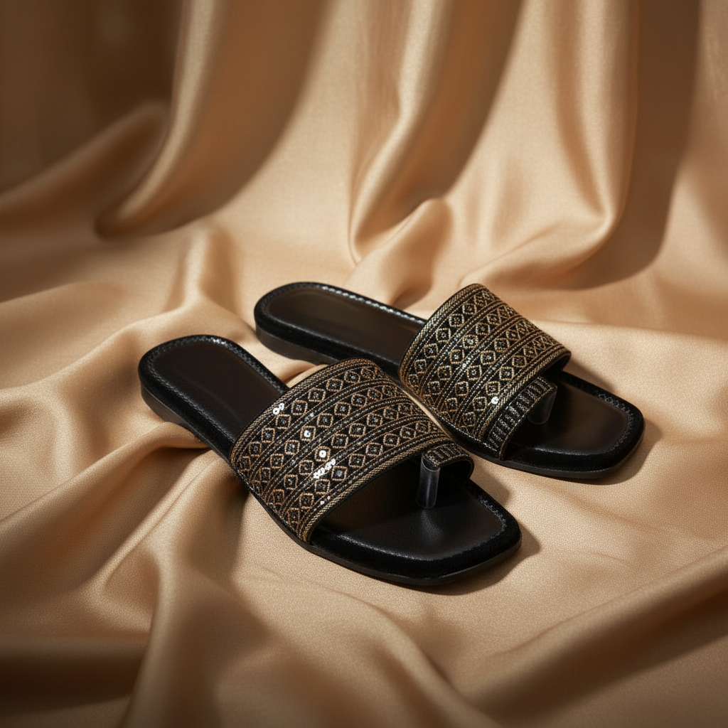 Black Embroidered Slider(Black)